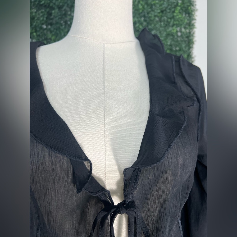 Y2K H And M Divided Sheer Black Ruffle Button Up Tie Front Whimsigoth Top Small - Picture 4 of 12